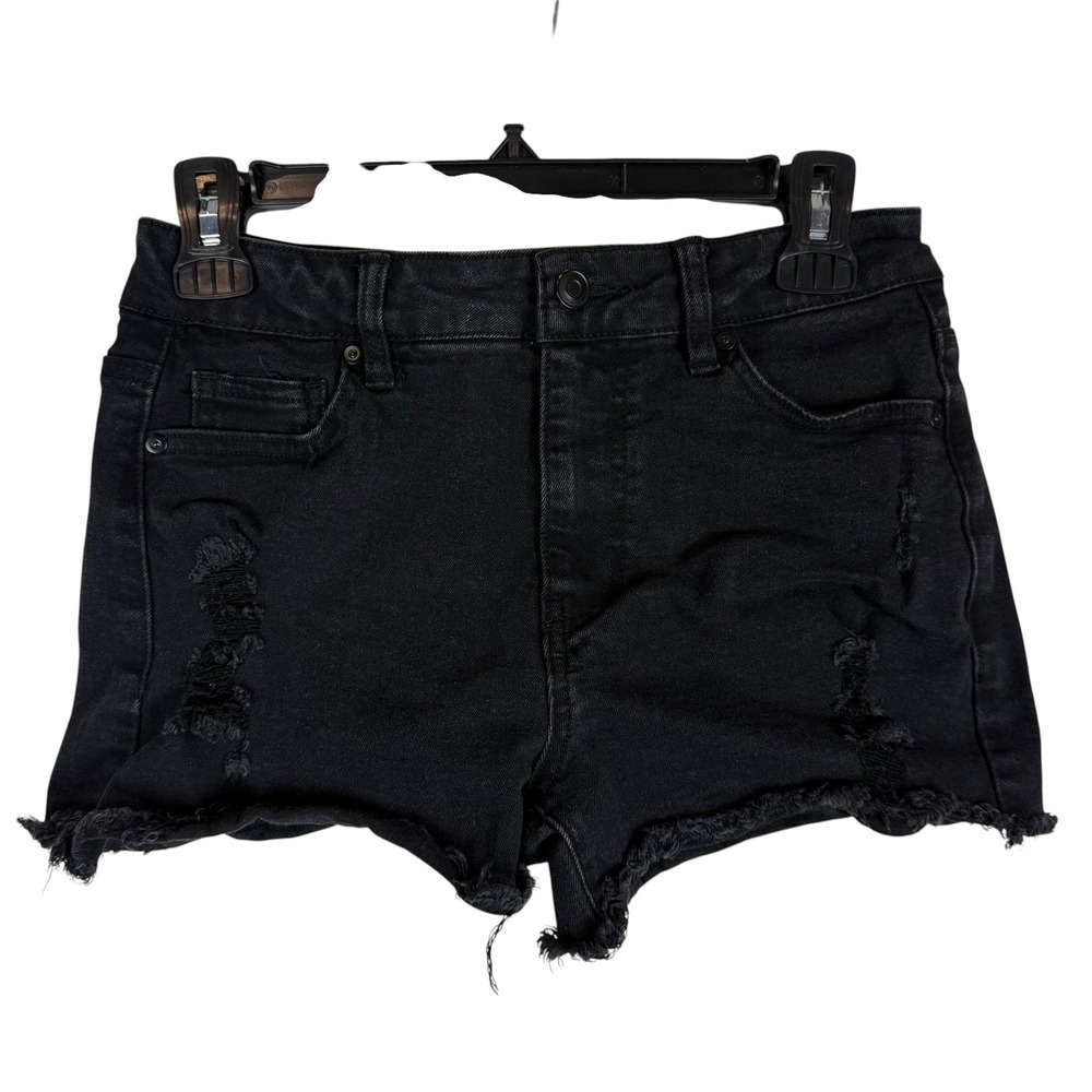 Love Wish Shorts‎ Womens M Black Distressed Denim Cutoff Raw Hem Frayed Stretch
